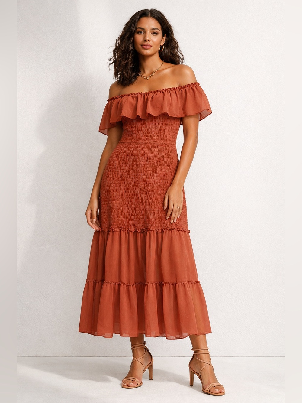 Baltic Born Off-Shoulder Terracotta Tiered Smocked Midi Dress Romantic Feminine